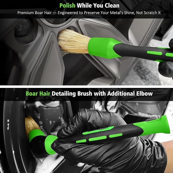 4PCS Car Wheel Cleaning Kit, 360° Bendable Wheel Brush with Premium Boar Hair Detailing Brush | Microfiber Scratch-Free Wheel and Tire Brush Kit for Cleaning Wheels,Tires