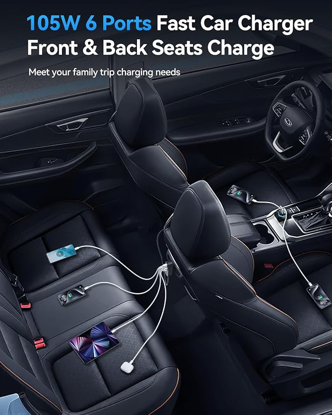 105W 6-Port Multiport Car Charger, PD Fast USB C Car Charger for Multiple Devices,Cigarette Lighter Adapter Car Travel Essentials for Road Trips with 5FT Cable,Car Accessories for iPhone 17/16
