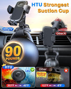 HTU [2026 Latest Upgrade Military-Grade Anti-Shake Car Phone Holder, 90+LBS Strong Suction Car Phone Mount, 360° Rotatable Mount for Dashboard Windshield Vent, for iPhone 17/16 Pro Max, Deep Black
