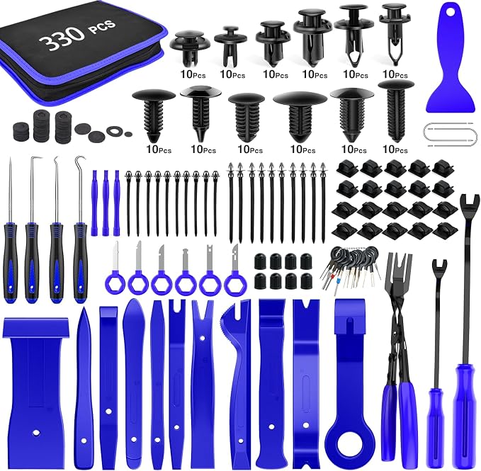 330Pcs Trim Removal Tool, Auto Push Pin Bumper Retainer Clip Set Fastener Terminal Remover Tool Adhesive Cable Clips Pry Kit Car Panel Radio Removal Auto Clip Pliers, Blue