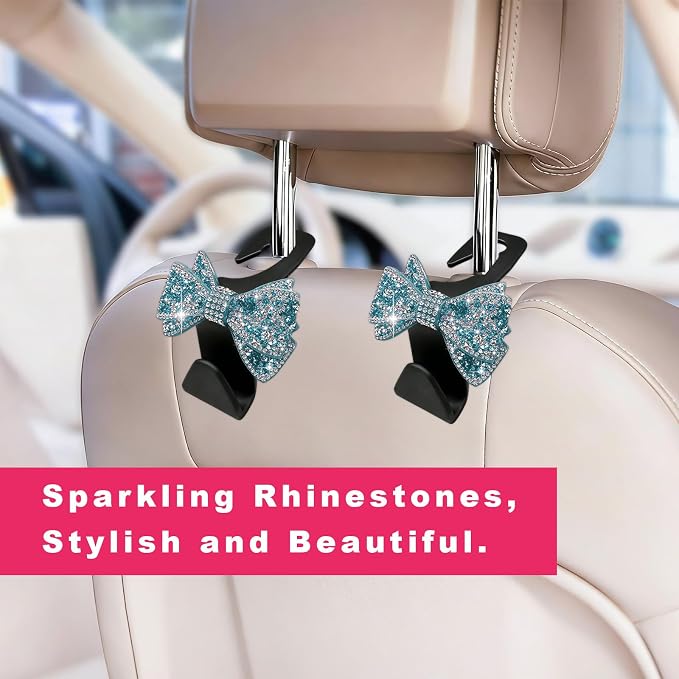 2PCS Bling Bow Car Seat Headrest Hooks, S-Type Crystal Auto Rear Seat Organizer for Handbags Purses Groceries, Cute Rhinestone Bow Seats Back Storage Hook for SUV Truck Sedan (Light Blue)