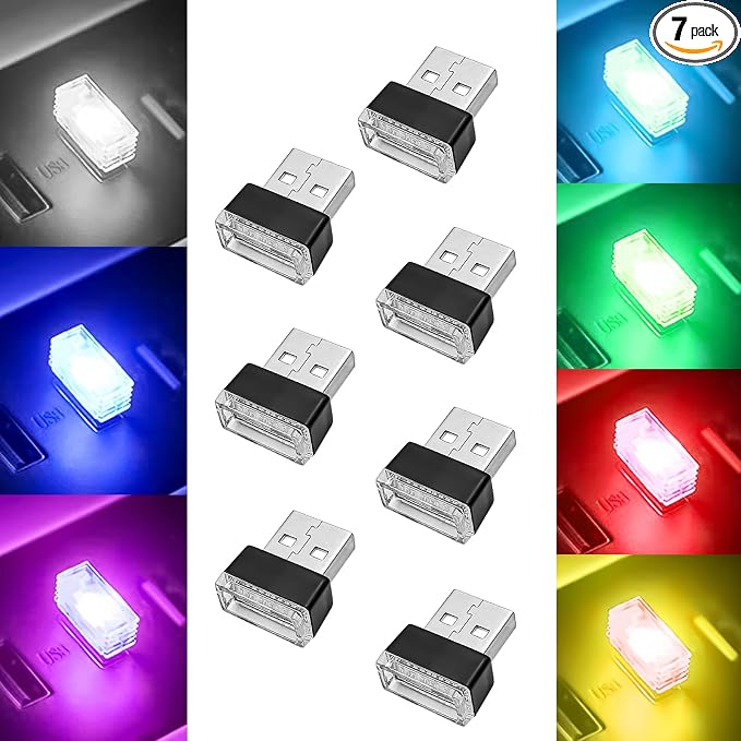 7 Pieces Car Ambient Lighting Kit USB LED Atmosphere Lamp with 7 Color Options Rechargeable Multicolor Interior Night Light for Car Truck Van SUV and Laptop Decor