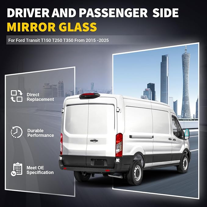 Driver and Passenger Upper Side Heated Mirror Glass Compatible with 2015-2025 Ford Transit 150 250 350 2023-2025 E-Transit Replace CK4Z17K707B CK4Z17K707D