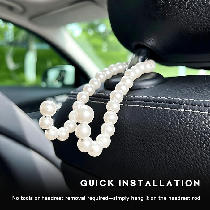 2 PCS Elegant Pearl Car Seat Headrest Hook, Cute Pearl Back Seat Hanger Auto Interior Decoration, Exquisite Vehicle Headrest Storage Organizer for Handbags Coats Keys