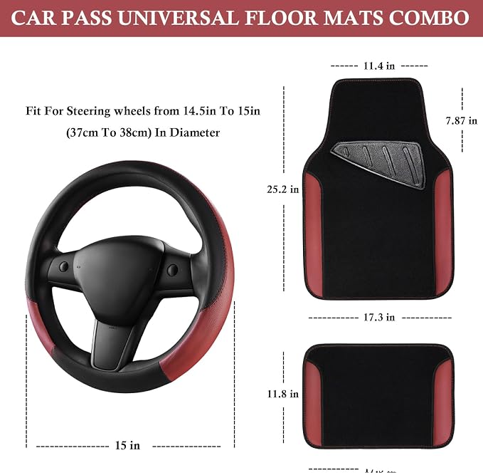 Faux Leather Steering Wheel Cover and Waterproof Car Floor Mats, Universal Car Combo Fit for 95% Sedan,SUV,Cars, 14.5-15inch Sporty Anti-Slip Safety Comfortable Design Burgundy