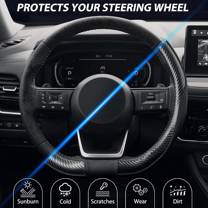 Flat Bottom Steering Wheel Cover Carbon Fiber, D Shaped Car Wheel Cover 14 1/2-15 in. (37-39 cm), Black Microfiber Leather with Carbon Fiber Pattern