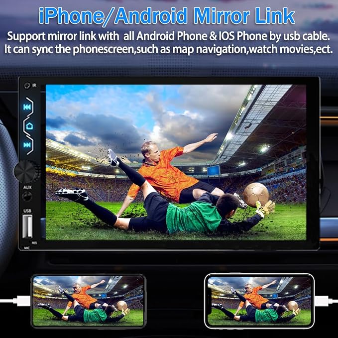 Double Din Car Stereo with Apple Carplay and Android Auto, 7 Inch Full HD Touchscreen Car Radio Bluetooth, Car Stereo with Backup Camera, Support Mirror Link/Steering Wheel/USB/AUX/Subwoofer