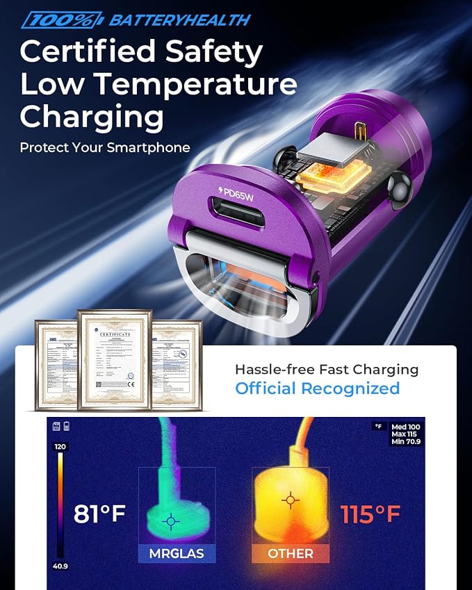 【Upgraded】 125W USB C Car Charger Super Fast Charging for iPhone 16, [PD65W & QC60W][All Metal] Cigarette Lighter Car Charger,Dual Port for iPhone 16 15 Pro iPad Samsung S25/S24 MacBook-Purple