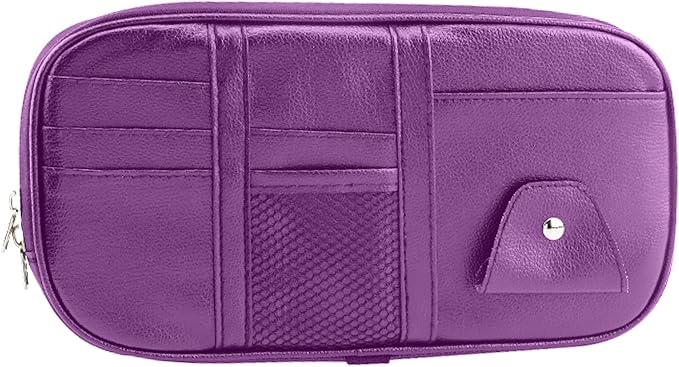 Car Sun Visor Organizer, Sunglass Holder and Storage Pocket, Card Cash Pouch with Multi-Pocket Net Zipper, Case Bag for License Pen Key, Auto Accessories for Truck, SUV, Van (Purple)