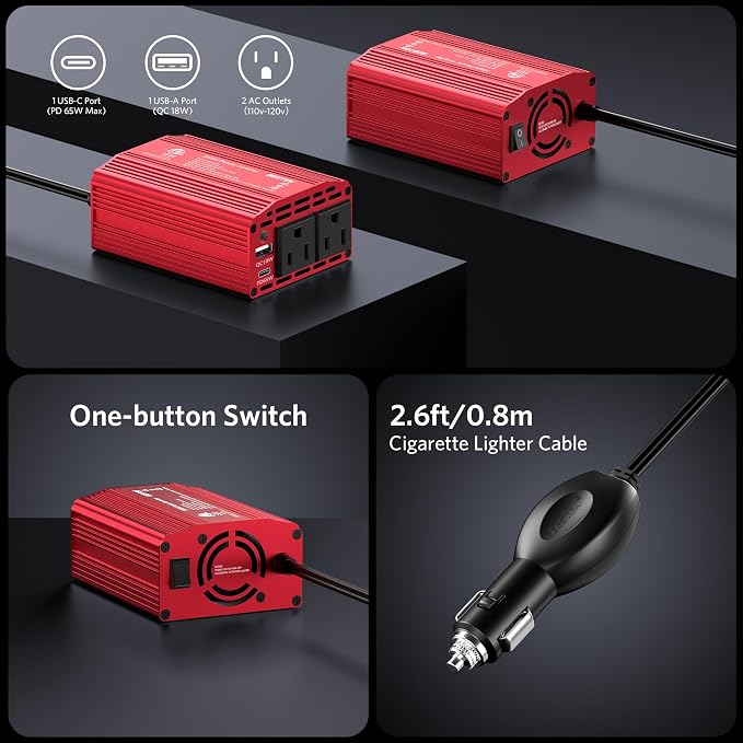 300W Power Inverter with 65W USB-C QC3.0 Ports - 12V DC to 110V AC Car Converter Charger for Vehicles - 11V-17V Aluminum Housing Car Plug in Cigarette Lighter Adapter Outlet for Laptop