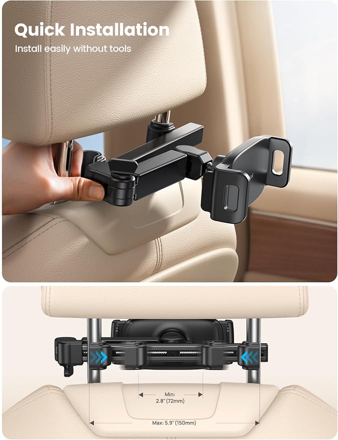Car Headrest Tablet Holder - [3 in 1 Extension Arm] Adjustable Tablet Car Mount for Back Seat, Gifts Road Trip Essentials for Kids, for 4.7-11" Devices, iPad Pro Air Mini, Galaxy, Fire HD