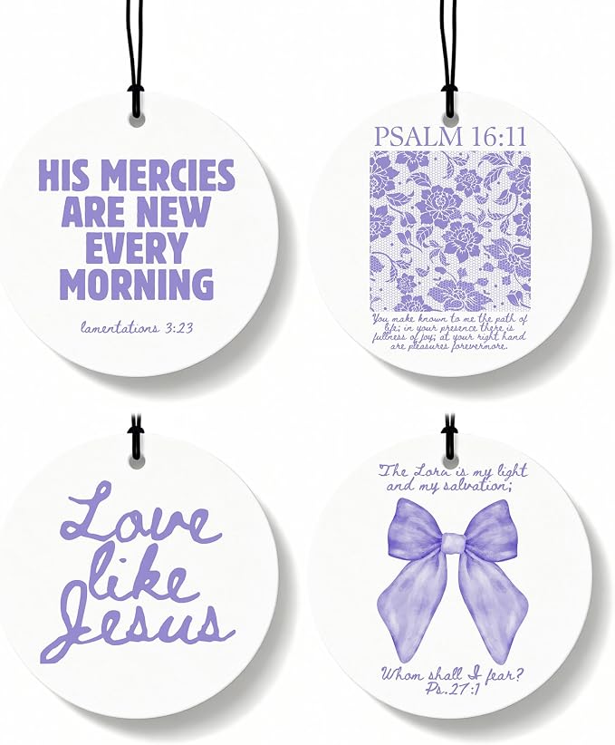 Purple Christian Round Car Air Freshener 4 Pcs, Girly Pouple Bow Floral Religious Hanging Air Freshener for Cars Closet Drawer Books, Cute Preppy Car Accessories Mirror Decor for Women