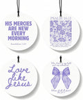 Purple Christian Round Car Air Freshener 4 Pcs, Girly Pouple Bow Floral Religious Hanging Air Freshener for Cars Closet Drawer Books, Cute Preppy Car Accessories Mirror Decor for Women