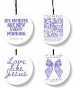 Purple Christian Round Car Air Freshener 4 Pcs, Girly Pouple Bow Floral Religious Hanging Air Freshener for Cars Closet Drawer Books, Cute Preppy Car Accessories Mirror Decor for Women