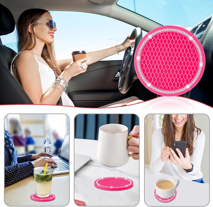 Car Coasters, 4 Pack Universal Vehicle Bling Car Coaster, Rhinestone Coaster for Cup Holders, Car Interior Accessories 2.75'' Silicone Car Coasters for Women(Hot Pink, White Crystal Circle)
