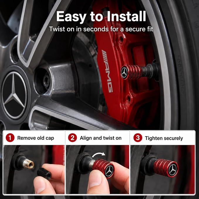 Car Tire Valve Stem Caps for Automobiles,Dust Caps Compatible with Mercedes Benz CESM CLK GLK GL AB GLS GLE AMG Series Car Tires，Alloy Leak-Proof Valve Cover