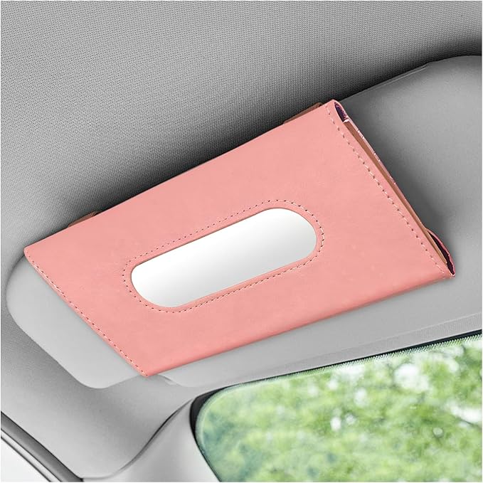 Car Tissue Holder, Auto Sun Visor Napkin Holder Hanging Paper Towel Dispenser with Tissue Refill, Premium Leather Napkin Case Mask Organizer for Backseat & Visor, Car Accessories (Pink)