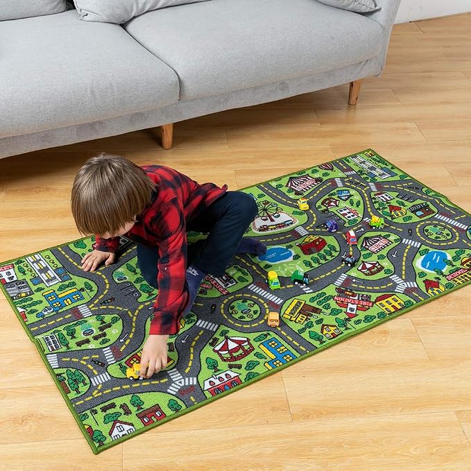 Kids Play Rugs - 12 Pull-Back Vehicle Set - Durable Carpet Playmat Rug - City Pretending Play - Toddler Car Track Rug