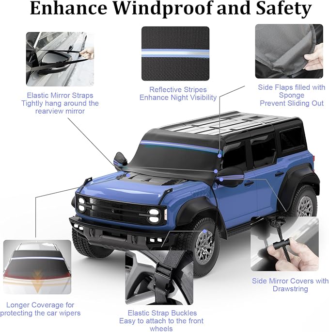 Windshield Cover for Ice and Snow, 600D Windshield Snow Cover with Elastic Strap Buckles, Mirror Covers, Anti-Theft, Frostproof & Windproof, Fits Large SUVs Pickups Trucks Vans (72"x 50")