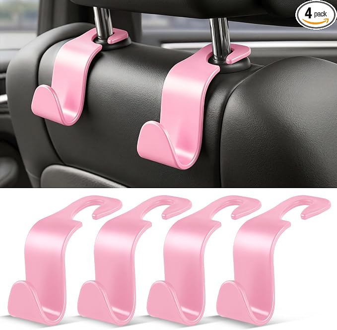 4 Pack Car Seat Headrest Hooks, Vehicle Back Seat Hanger Storage Organizer for Purse Handbag Backpack Coat Grocery, 360° Rotating Heavy Duty Holds 44lbs, Pink