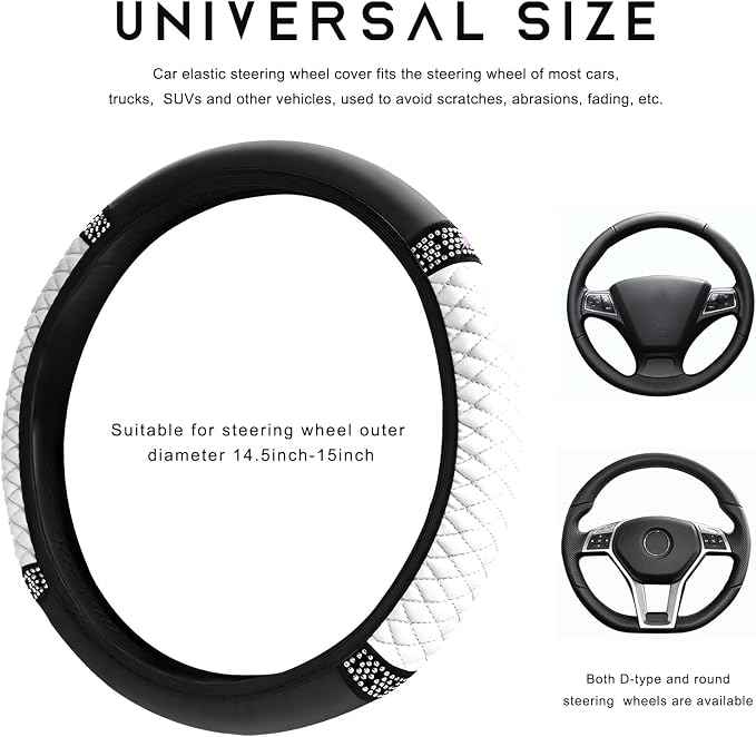 Bling Car Steering Wheel Cover, 15 Inch Sparkly Rhinestone Soft Leather Steering Wheel Protector, Non-Slip Universal Auto Elastic Steering Wheel Covers for Women Girls (White)
