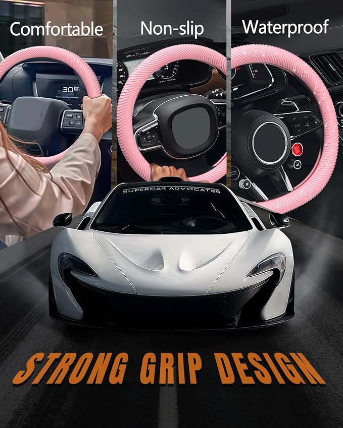 Car Steering Wheel Cover, Thin Anti-Skid Silicone Steering Wheel Cover for Men & Women, Universal Automotive Interior Accessories for Most Cars (Pink)