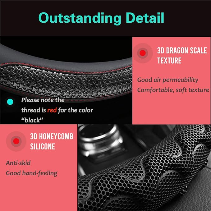 Large Size Steering Wheel Cover Great Grip with 3D Honeycomb Anti-Slip Design, 15.5-15.75 Inch (Black/Red Stitch)