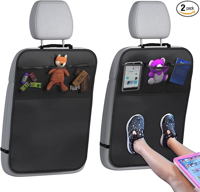 Back Seat Cover For Kids + 3 Pocket Storage Organizer, 2 Pack X-Large Waterproof Kick Mats Backseat Protector, Car Seat Back Protectors For Vehicles To Protect From Dirt, Mud & Scratches