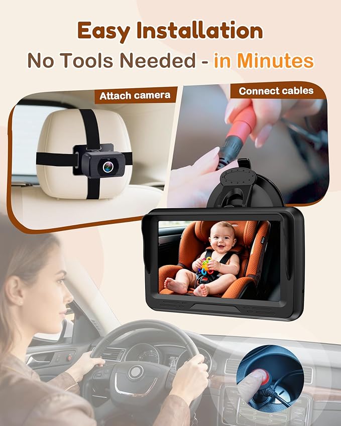 Baby Car Camera HD 1080P - Rear-Facing Infant Monitor with Night Vision Car Camera for Baby 150° Wide-Angle Lens Anti-Glare Screen Easy Install 360° Adjustable Display