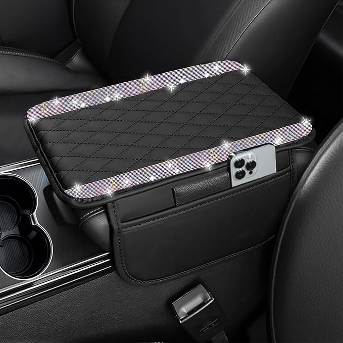 Bling Car Center Console Cover, Leather Car Arm Rest Cover Cushion with 2 Storage Bags, Universal Auto Armrest Protector Storage Box, Bling Accessories Interior for Most Vehicles (Multicolor)
