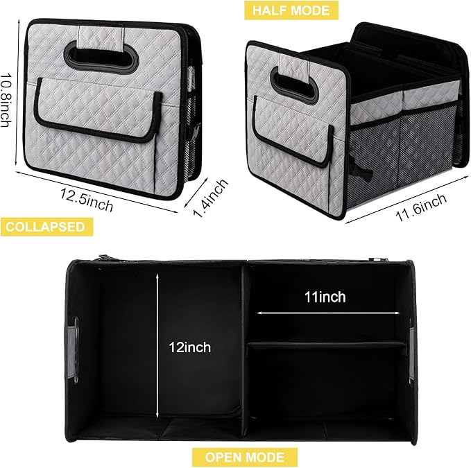Car Trunk Organizers and Storage for SUV, Collapsible Multi Compartment Container Box Adjustable Car Accessories for Women Men, Light Grey