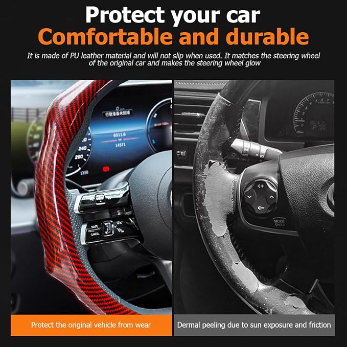 Zpana Carbon Fiber Car Steering Wheel Cover, Leather Non-Slip Vehicle Steering Wheel Cover for 14.5-15 Inch, Comfortable Auto Interior Protector Decoration Accessories, Universal Fit(Red)