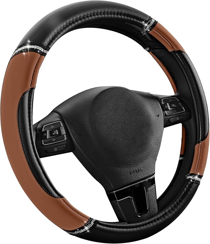 Leather Steering Wheel Cover - Made with PVC Leather Bling Design - Anti-Slip Wheel Cover Universal Fit Most 14 1/2 inches to 15 inches - Brown Color