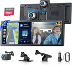 10.26" Portable Apple CarPlay Screen for Car with Rotatable 4K Dash Cam, Wireless CarPlay & Android Auto Display with 1080P Backup Camera, 64GB Card Included, GPS Navigation, Voice Control