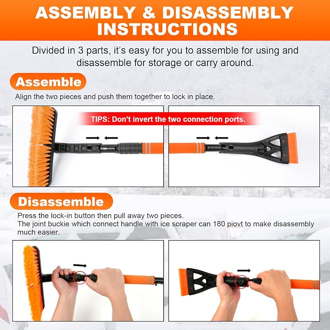 Ice Scrapers for Car Windshield, 2-in-1 Snow Scraper and Snow Brush for Car SUV Truck, Car Ice Windshield Scraper for Ice and Snow with 360° Pivoting Brush and Ergonomic Foam Grip Orange