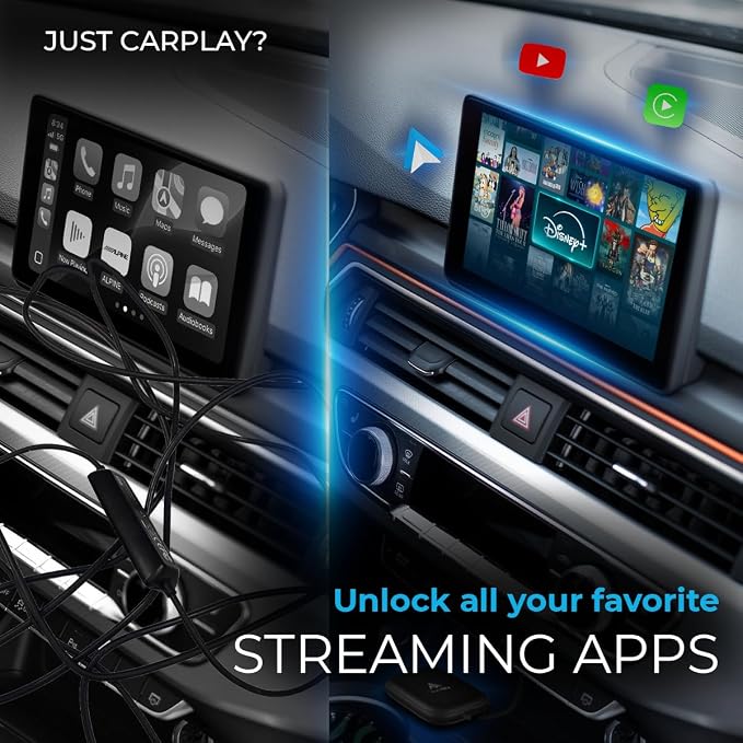 Wireless Car Video AI Box Flex – Stream Netflix, Hulu, Prime Video, Disney+, ESPN & 13+ Apps on Factory Screen, CarPlay & Android Auto Compatible, Plug & Play OEM Multimedia System