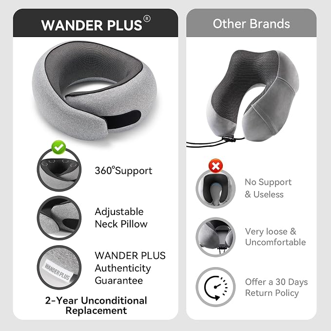 Travel Pillow, 100% Pure Memory Foam Travel Neck Pillow Airplane Neck Support Ergonomic Design Best for Sleeping Plane Car Train Office Flight for Adults Grey