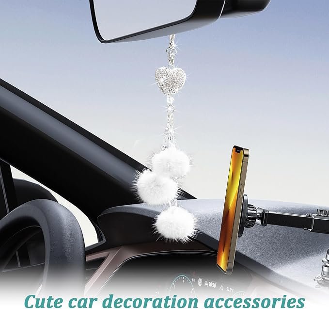 Bling Diamond Heart Car Interior Accessories, Heart & Pink Plush Ball Decor Ornament Pendant, Hanging Decoration Charm (White)