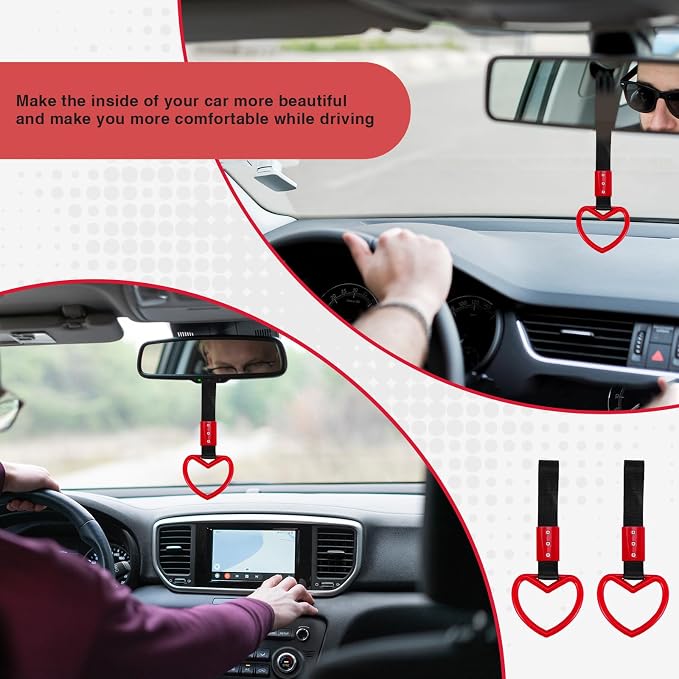 2PCS Heart Shaped Car Handle Straps, Rear Bumper Warning Keychain Ring Charm for Car Exterior Accessories (Red)