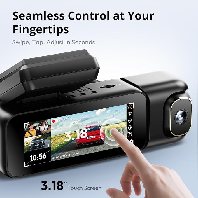 G980H 4K 3-Channel Dash Cam Front Rear Inside, 360° Full Coverage, 3.18" Touch Screen, Free 128GB Card, 24/7 Parking Mode with Sentry & Time-Lapse, Voice Control, 5GHz WiFi, GPS, Night Vision