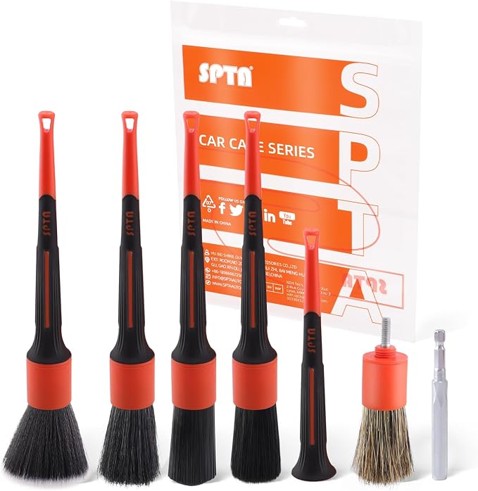 Car Detailing Brush Set, 5 Pack V2.0 Soft Boar Hair Auto Detail Brush Kit with Drill Adapter, for Automotive Interior Exterior Dashboard Engine Bay Seat Leather, Can be Used in Electric Drills