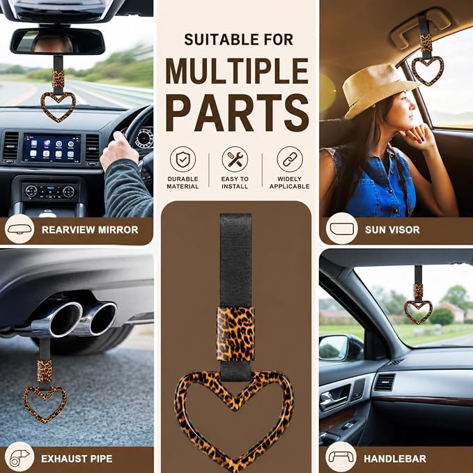 Leopard Heart Car Handle Strap Drift Charm Car Accessories for Women Cheetah Rear Bumper Warning Ring Decor for Auto Bus Subway Interior Exterior Decorations(Leopard, Heart Style)