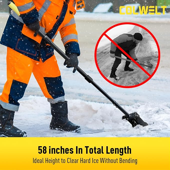 Metal Snow Shovel 58’’, Heavy Duty Ice Scraper for Driveway, Snow Ice Chopper Shoveling Tool with Thickened Blade, Ice Shovel for Sidewalk Ice Removal, Flat Shovel Floor Cleaning Scraper