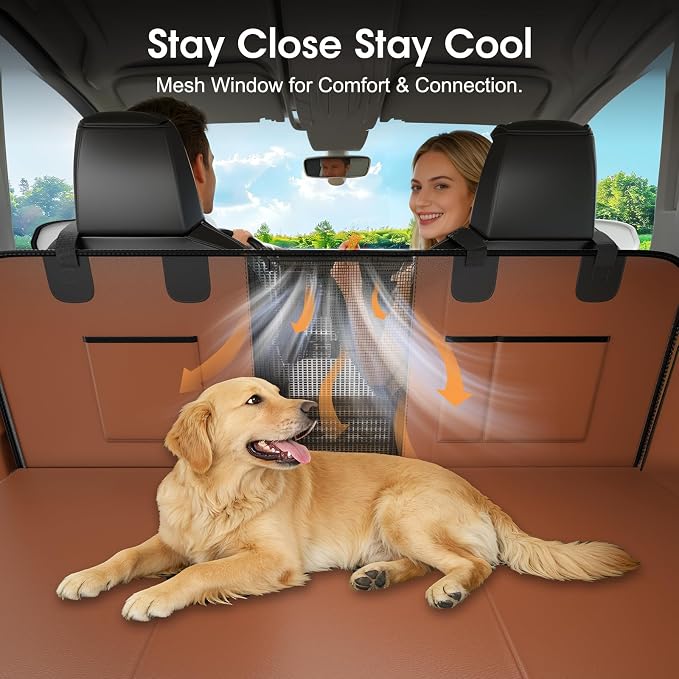 Hard Bottom Dog Car Seat Cover for Back Seat, 52"x65" Waterproof PU Leather Hammock with Side Flaps, Non-Slip Heavy Duty Protector for SUVs & Mid-Size Trucks, Supports Up to 450 lbs – Brown