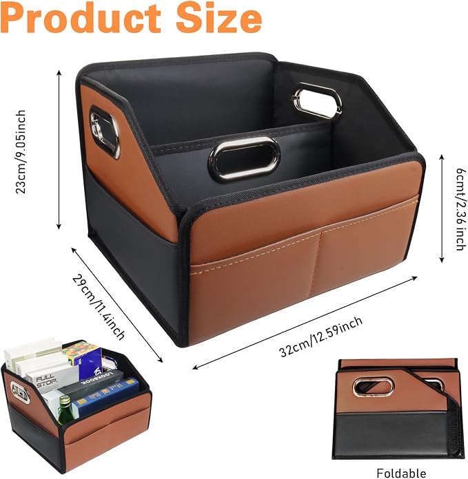 Car Organizer - 2025 Upgraded Leather Car Storage Organizer for Front Back Seat or Floor with 3 Metal Handles 6 Apartments, Multipurpose Car Organizers and Storage Brown.
