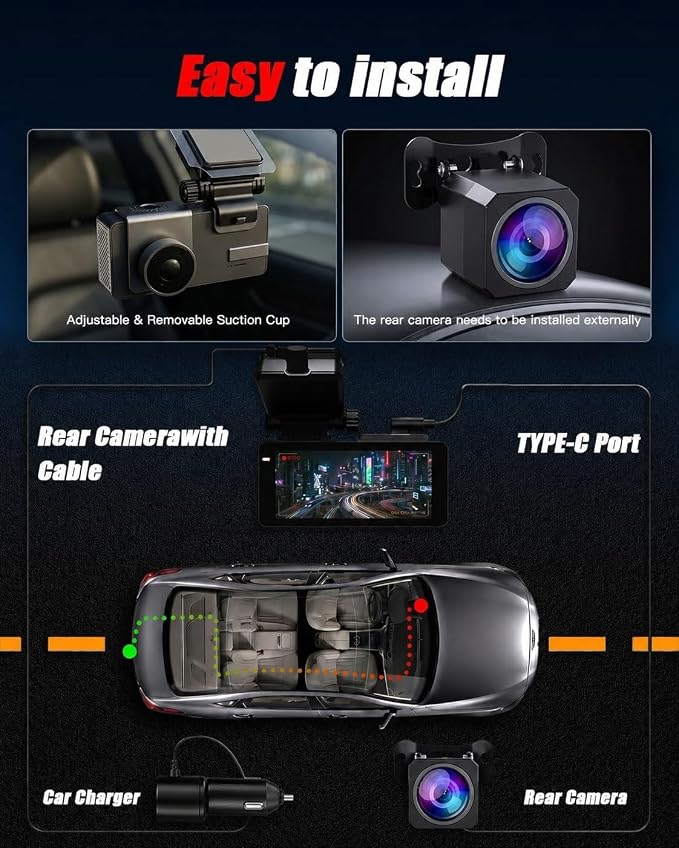 Dash Cam Front and Rear, 4K Ultra HD,5G Wi-Fi,24H Parking Mode | Road Rage Witness Blind Spot Guard, Hit-and-Run Catcher, Scam Defense,3.69in IPS LCD,Built-in GPS Logger, Dual HDR - Charcoal