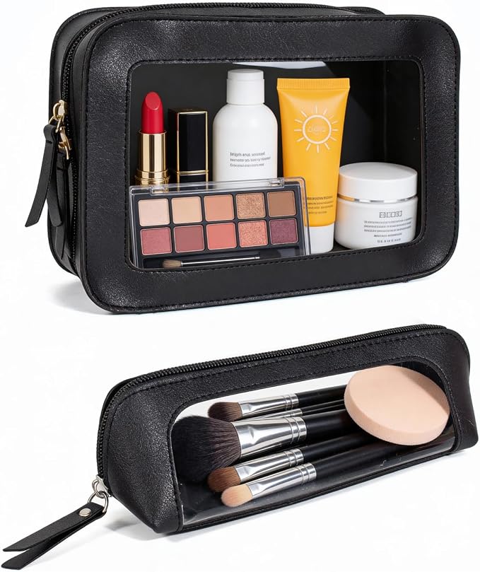 2Pack Clear Makeup Bags, Portable Clear Makeup Brushes Bag Case Travel Car Accessories Essentials,Slim Makeup Pouch for Purse for Women (2Pack-Black Set)