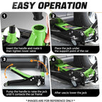 3 Ton Low Profile Floor Jack, Heavy Duty Steel Hydraulic Car Jack with Dual Pistons Quick Lift Pump, Hydraulic Racing Floor Jack, Lifting Range 3" to 20", Green