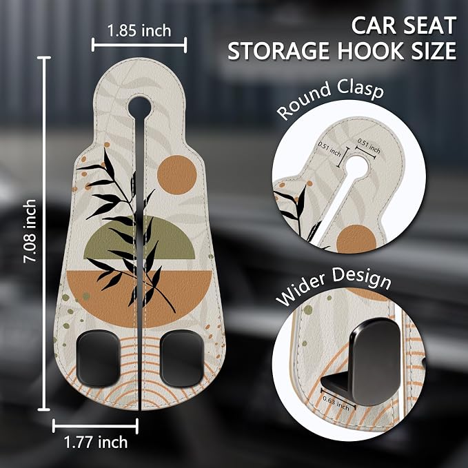 2PCS Car Seat Back Storage Headrest Hooks, Abstract Boho Leaves Purse Holder Bags Hanger, PU Leather Double Metal Hook Backseat Organizer, Women Car Accessories Organization