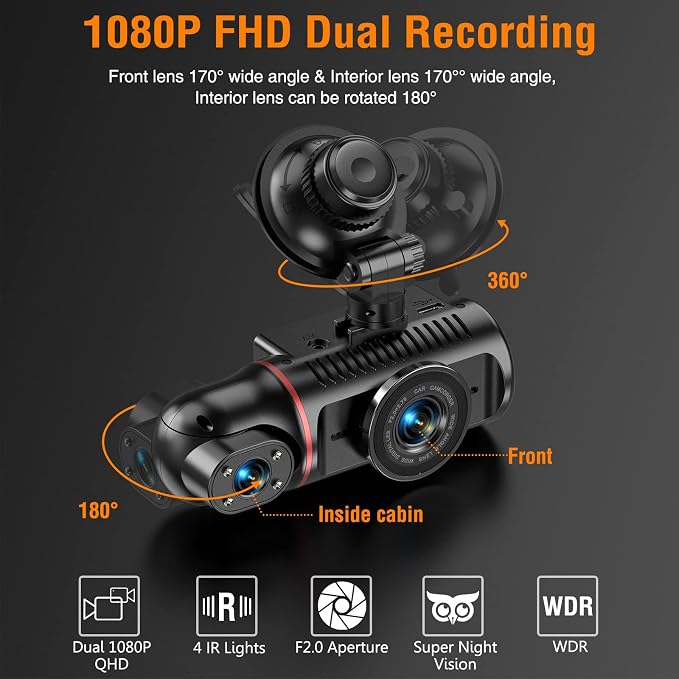 Dash Cam Front and Inside, FHD Dashcams for Cars with 64GB Card Dash Camera for Cars, 1080P Front Dash Cam+1080P Inside Dashcam for Car Dash Camera with IR Night Vision Loop Recording | 1080P Front, 1080P Inside, IR Night Vision, Loop Recording